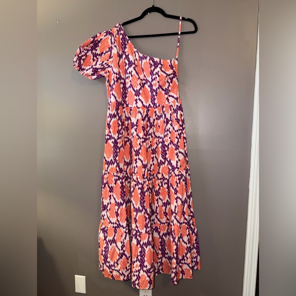 Oliphant Orange and Purple Patterned Dress one shoulder maxi size women’s M
